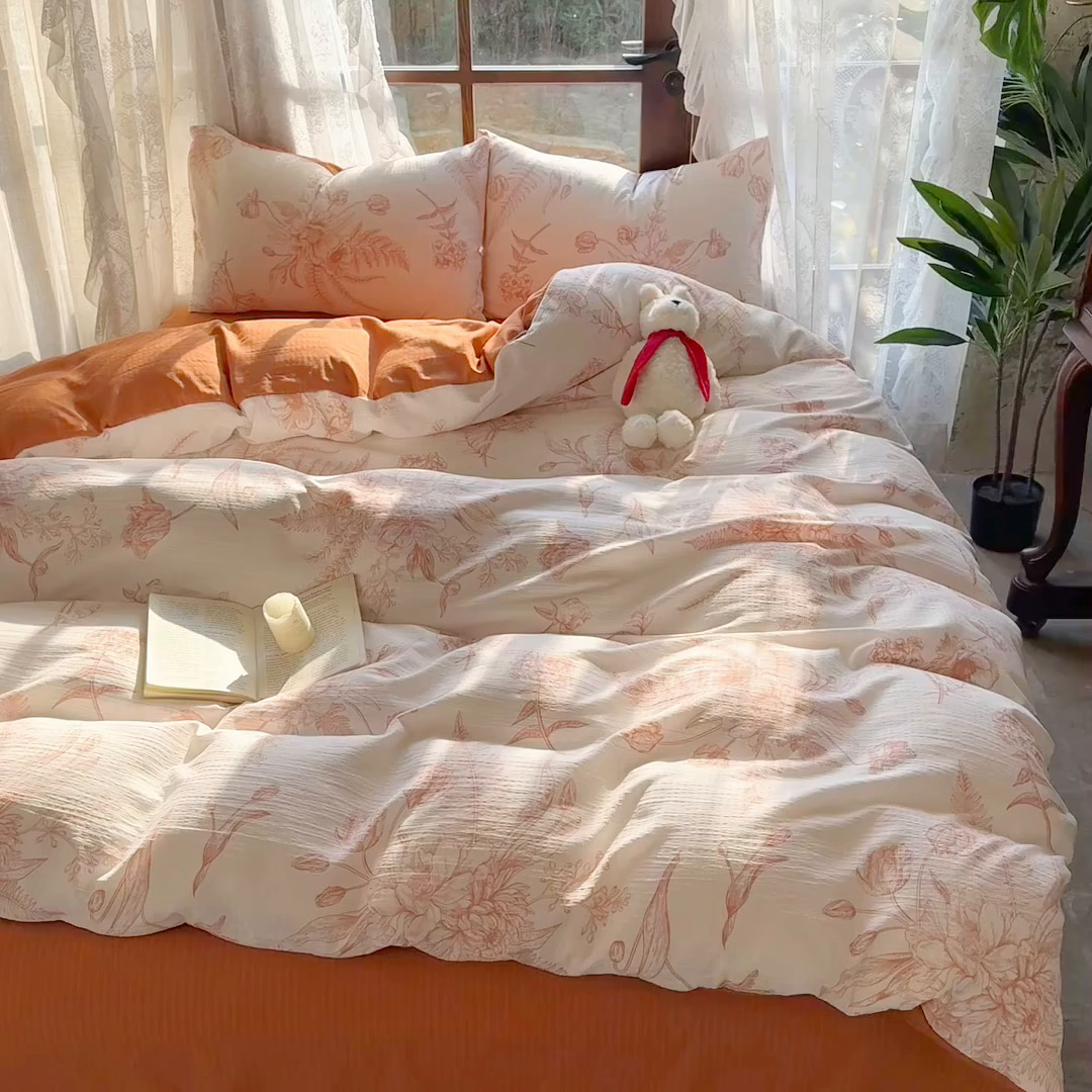 91家纺网 家纺一手货源 找家纺 （总）晚爱家纺（原晚安家居） 2025新款A类双层纱有氧提花彩竺棉小竺棉四件套