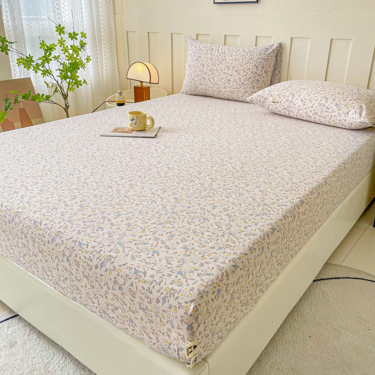 91家纺网 家纺一手货源 找家纺 金泰莱 2025新款木棉双层纱印花床笠 花苑