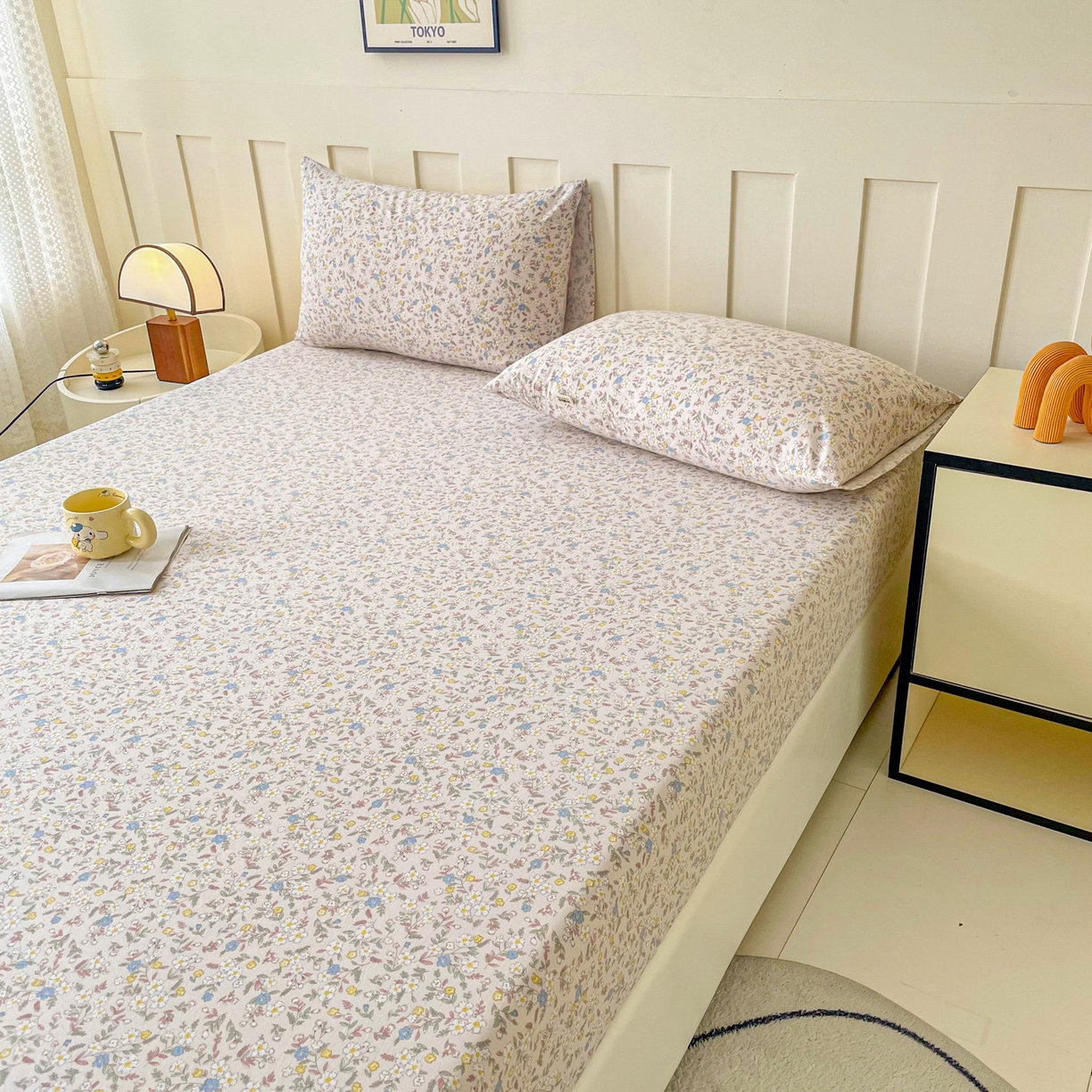 91家纺网 家纺一手货源 找家纺 金泰莱 2025新款木棉双层纱印花床笠 花苑