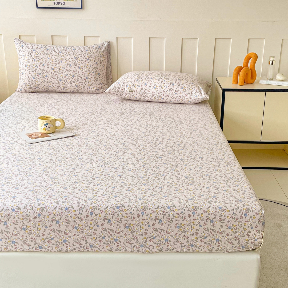 91家纺网 家纺一手货源 找家纺 金泰莱 2025新款木棉双层纱印花床笠 花苑