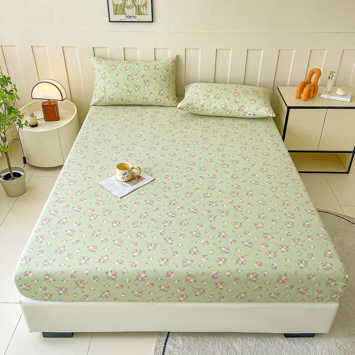 91家纺网 家纺一手货源 找家纺 金泰莱 2025新款木棉双层纱印花床笠 花枝绚烂