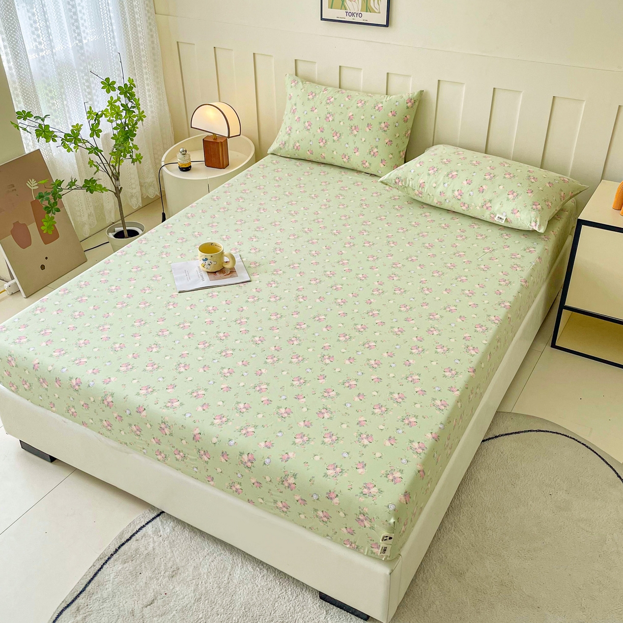 91家纺网 家纺一手货源 找家纺 金泰莱 2025新款木棉双层纱印花床笠 花枝绚烂