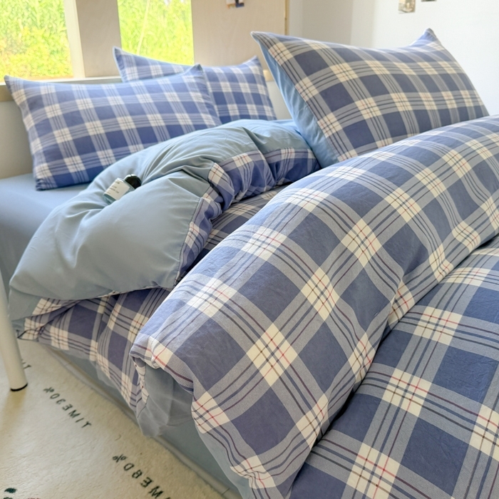 91家纺网 家纺一手货源 找家纺 （总）晚爱家纺（原晚安家居） 2025无印风四件套经典格子超柔水洗棉四件套