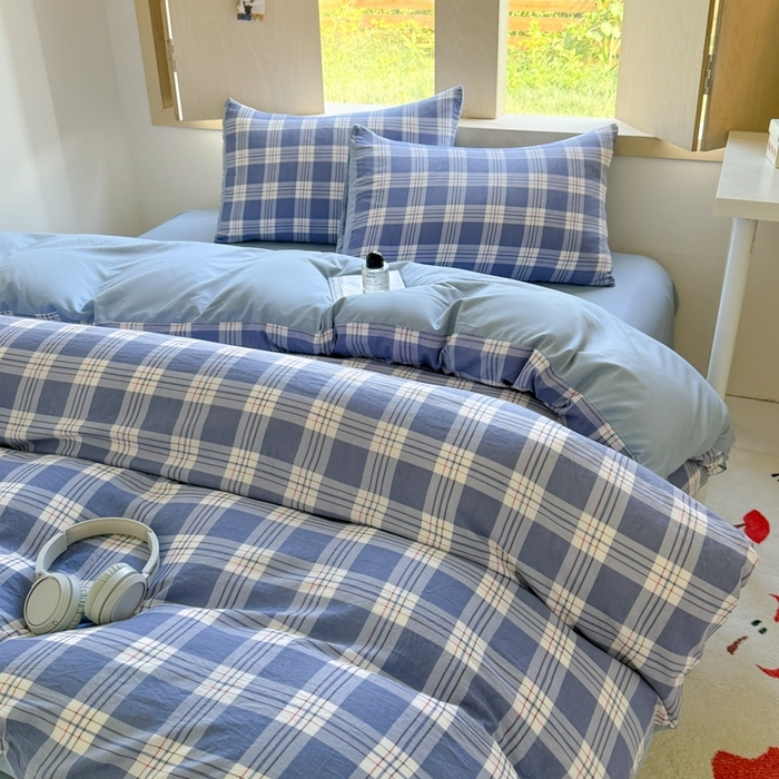 91家纺网 家纺一手货源 找家纺 （总）晚爱家纺（原晚安家居） 2025无印风四件套经典格子超柔水洗棉四件套