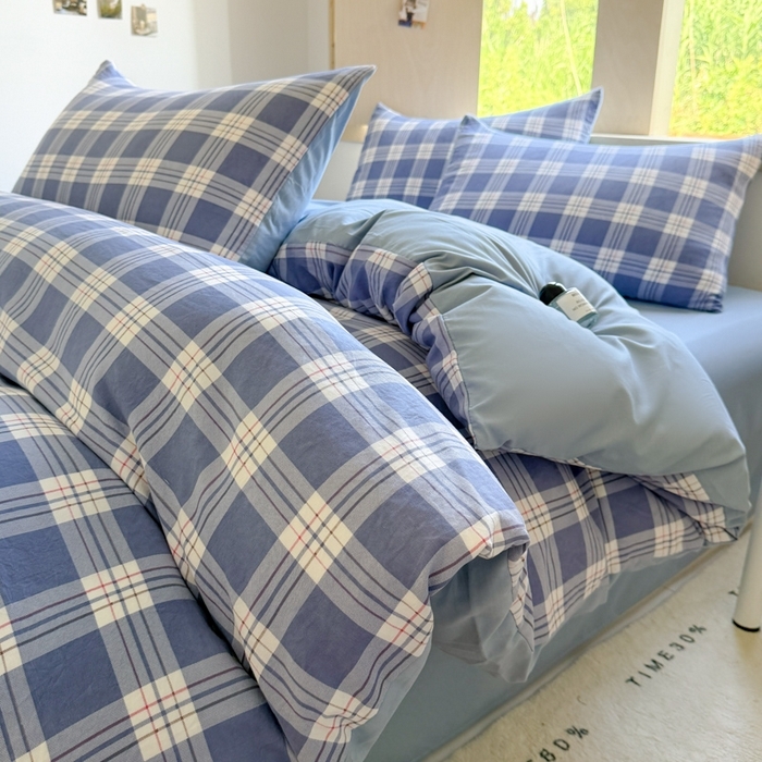 91家纺网 家纺一手货源 找家纺 （总）晚爱家纺（原晚安家居） 2025无印风四件套经典格子超柔水洗棉四件套