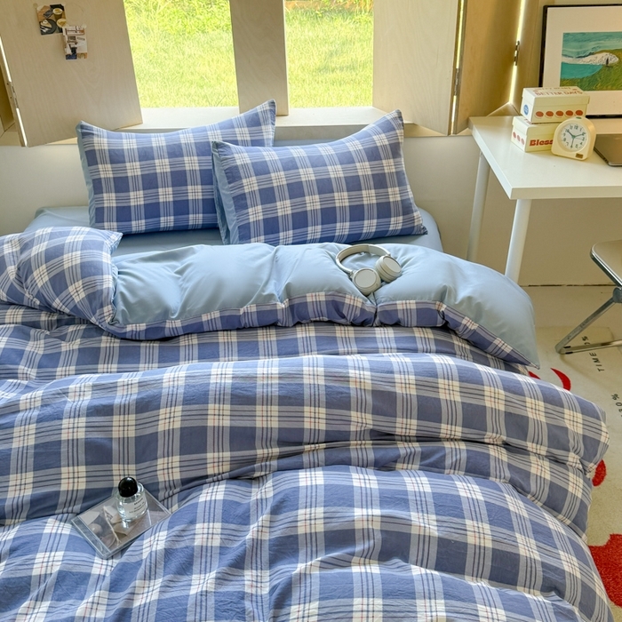 91家纺网 家纺一手货源 找家纺 （总）晚爱家纺（原晚安家居） 2025无印风四件套经典格子超柔水洗棉四件套