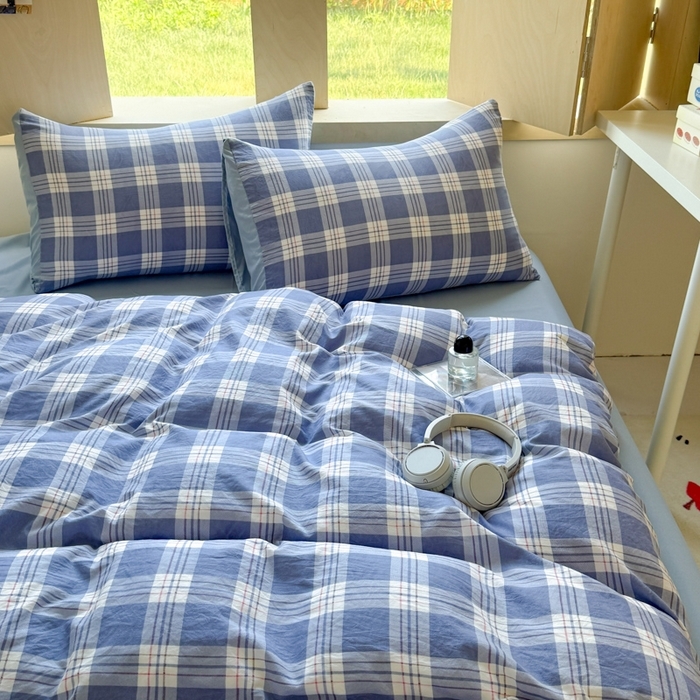 91家纺网 家纺一手货源 找家纺 （总）晚爱家纺（原晚安家居） 2025无印风四件套经典格子超柔水洗棉四件套