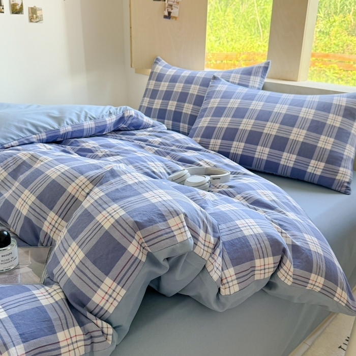 91家纺网 家纺一手货源 找家纺 （总）晚爱家纺（原晚安家居） 2025无印风四件套经典格子超柔水洗棉四件套