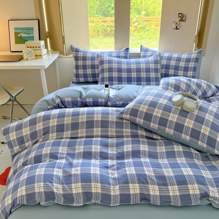 91家纺网 家纺一手货源 找家纺 （总）晚爱家纺（原晚安家居） 2025无印风四件套经典格子超柔水洗棉四件套