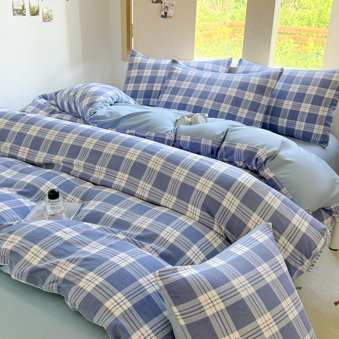 91家纺网 家纺一手货源 找家纺 （总）晚爱家纺（原晚安家居） 2025无印风四件套经典格子超柔水洗棉四件套