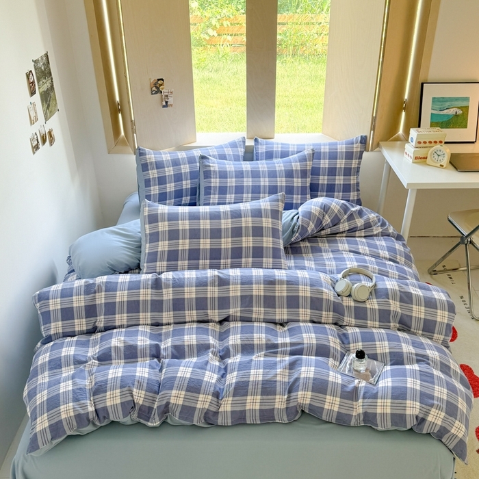 91家纺网 家纺一手货源 找家纺 （总）晚爱家纺（原晚安家居） 2025无印风四件套经典格子超柔水洗棉四件套