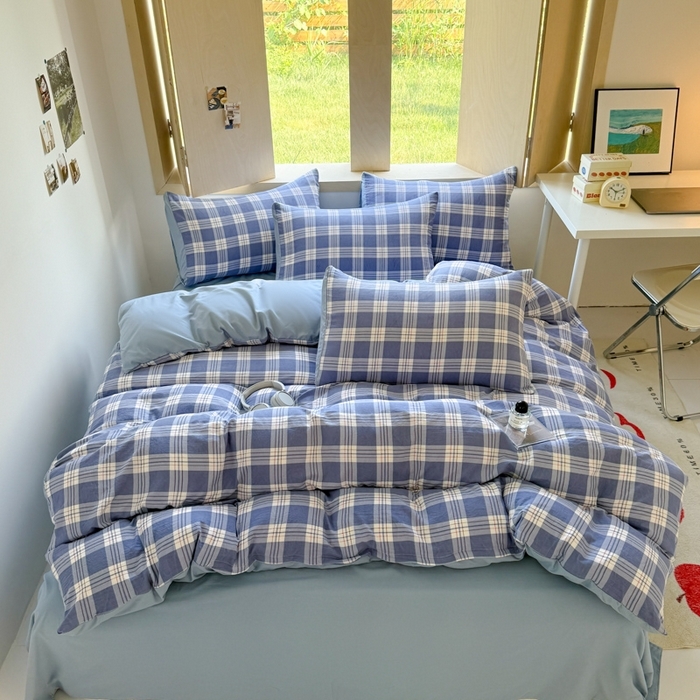 91家纺网 家纺一手货源 找家纺 （总）晚爱家纺（原晚安家居） 2025无印风四件套经典格子超柔水洗棉四件套