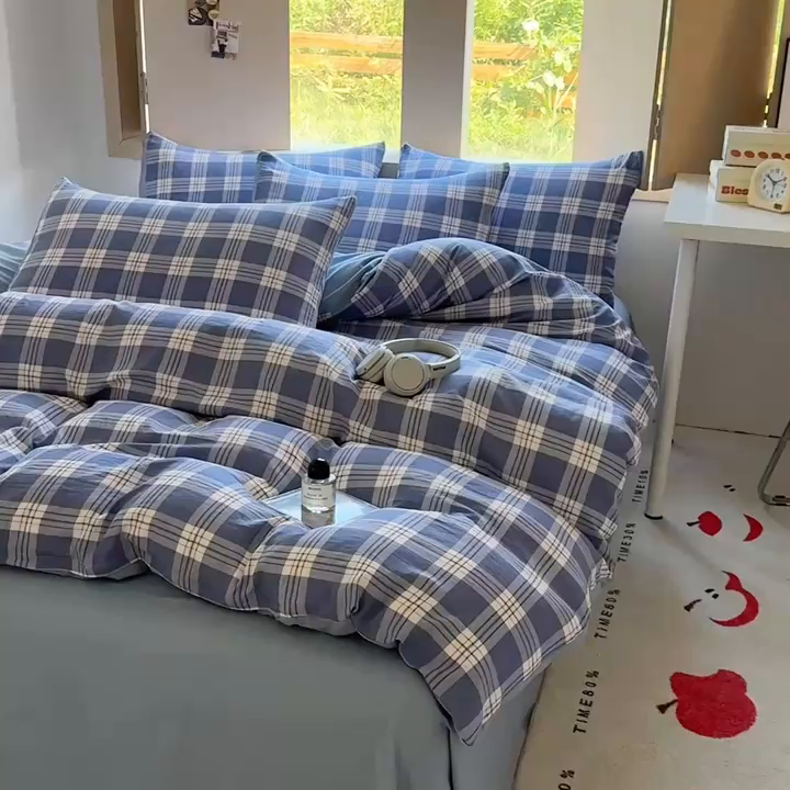 91家纺网 家纺一手货源 找家纺 （总）晚爱家纺（原晚安家居） 2025无印风四件套经典格子超柔水洗棉四件套