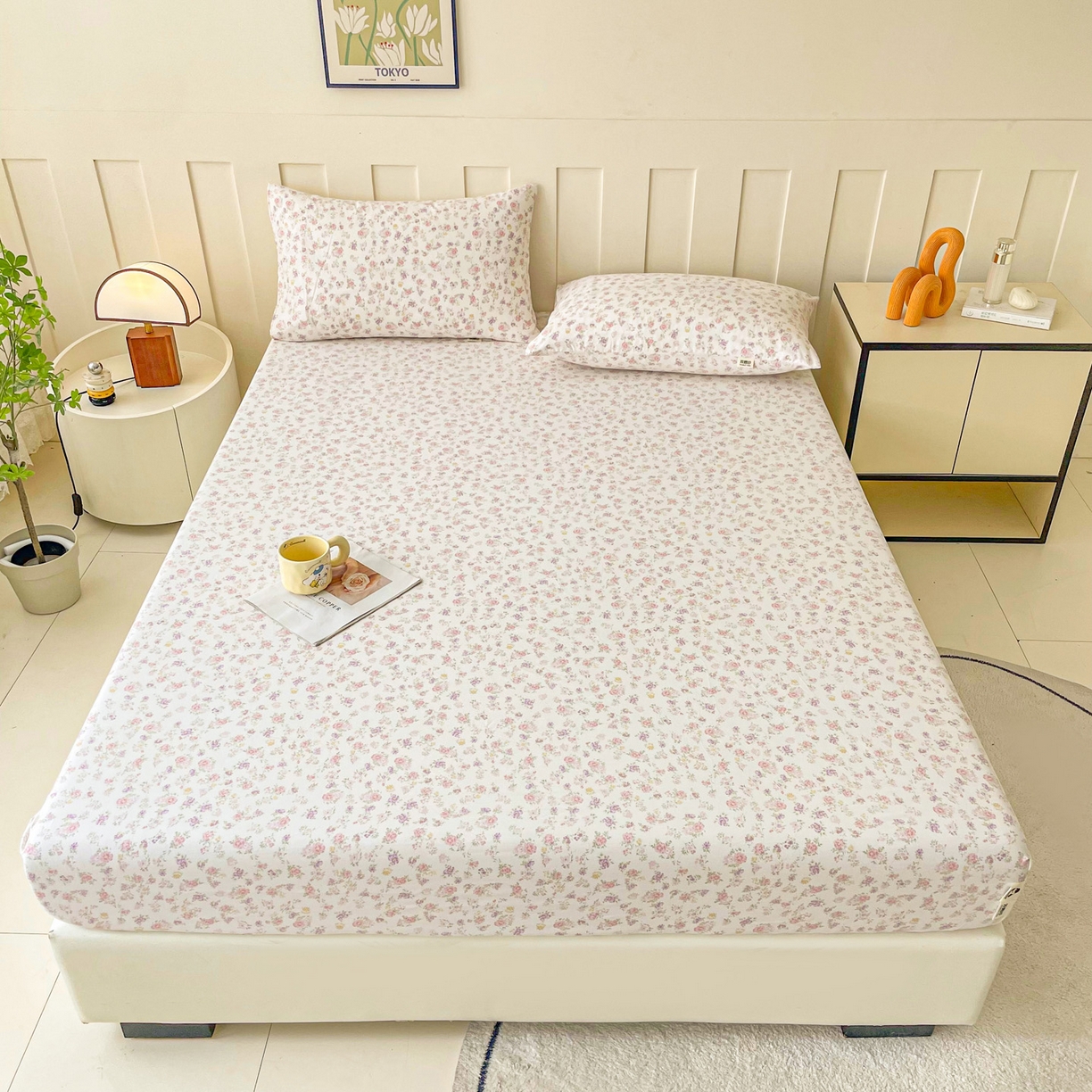 91家纺网 家纺一手货源 找家纺 金泰莱 2025新款木棉双层纱印花床笠 镜花水月