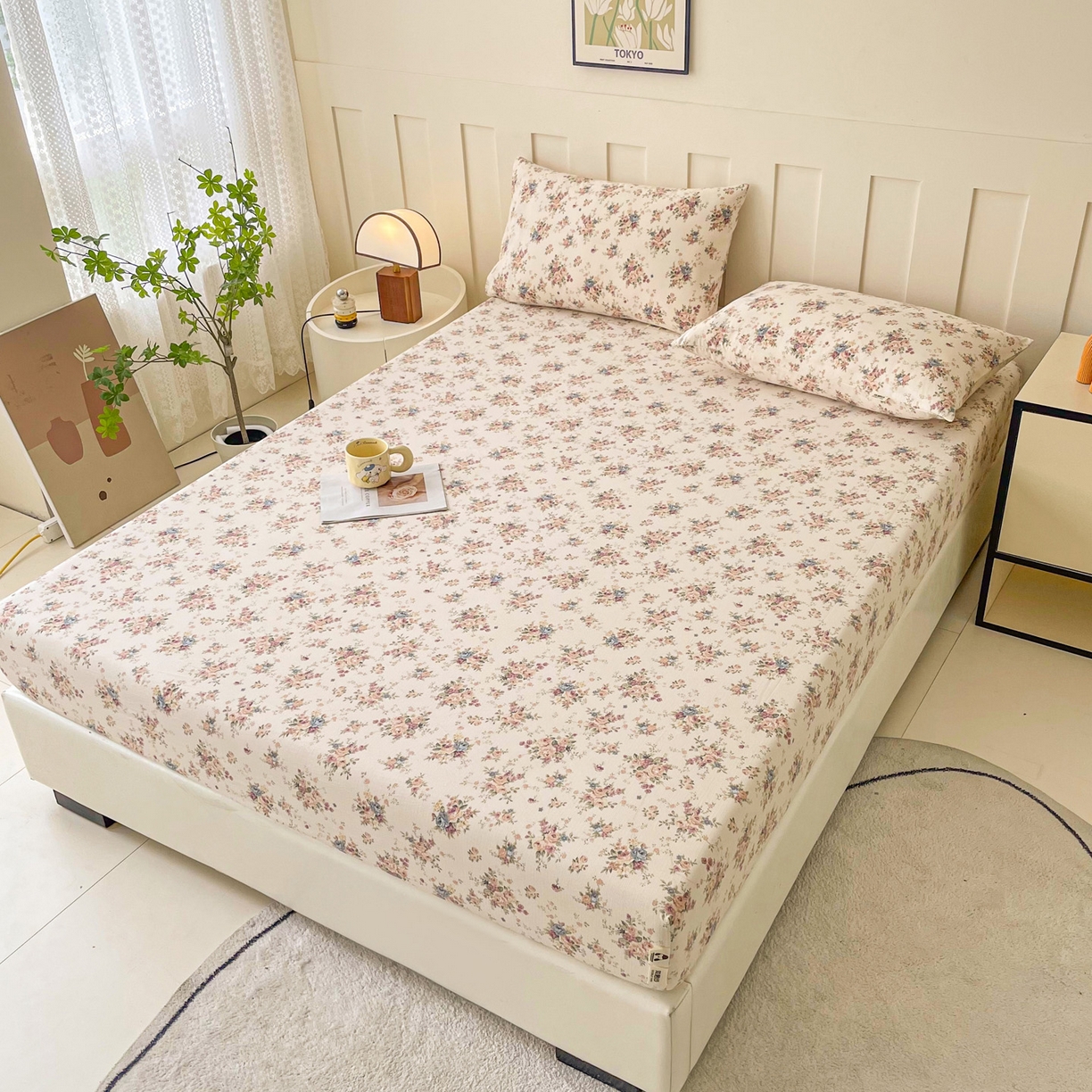 91家纺网 家纺一手货源 找家纺 金泰莱 2025新款木棉双层纱印花床笠 兰亭