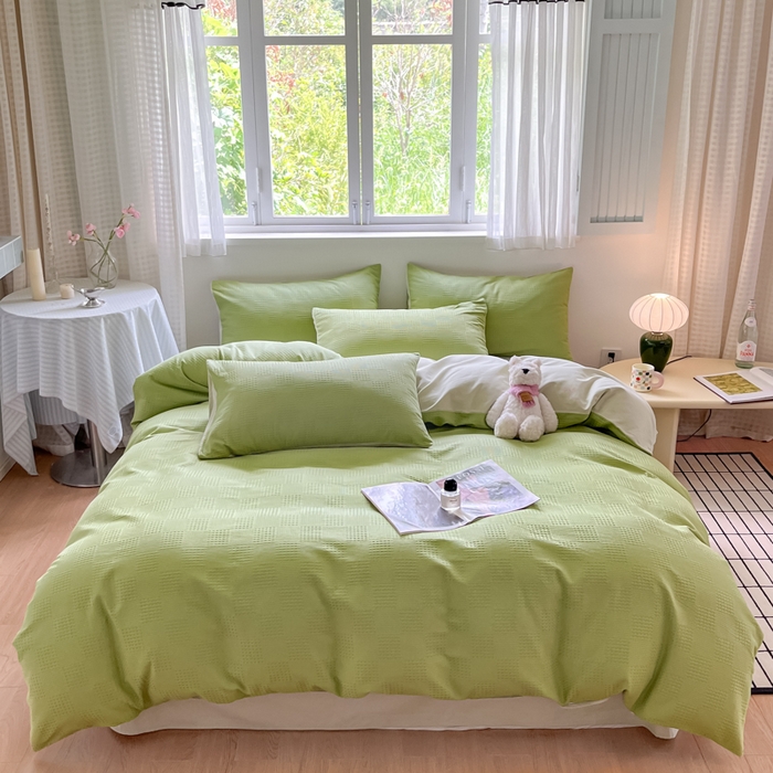 91家纺网 家纺一手货源 找家纺 言一 2025秋冬新品A类60S新疆长绒棉纯棉陶瓷轻磨毛四件套提花全棉床单被套不掉毛2 豆绿+浅灰绿