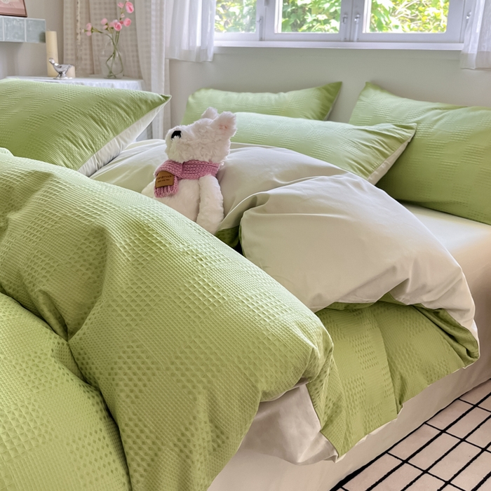 91家纺网 家纺一手货源 找家纺 言一 2025秋冬新品A类60S新疆长绒棉纯棉陶瓷轻磨毛四件套提花全棉床单被套不掉毛2 豆绿+浅灰绿