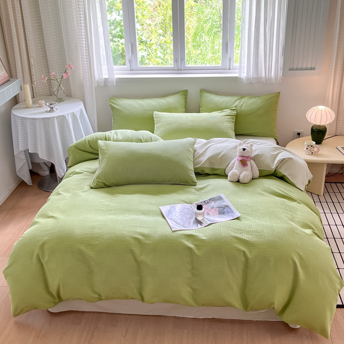 91家纺网 家纺一手货源 找家纺 言一 2025秋冬新品A类60S新疆长绒棉纯棉陶瓷轻磨毛四件套提花全棉床单被套不掉毛2 豆绿+浅灰绿