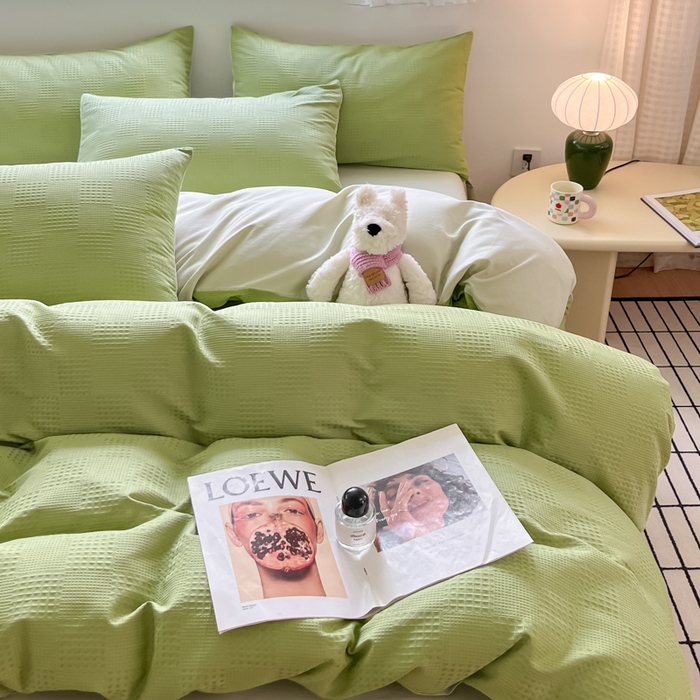 91家纺网 家纺一手货源 找家纺 言一 2025秋冬新品A类60S新疆长绒棉纯棉陶瓷轻磨毛四件套提花全棉床单被套不掉毛2 豆绿+浅灰绿