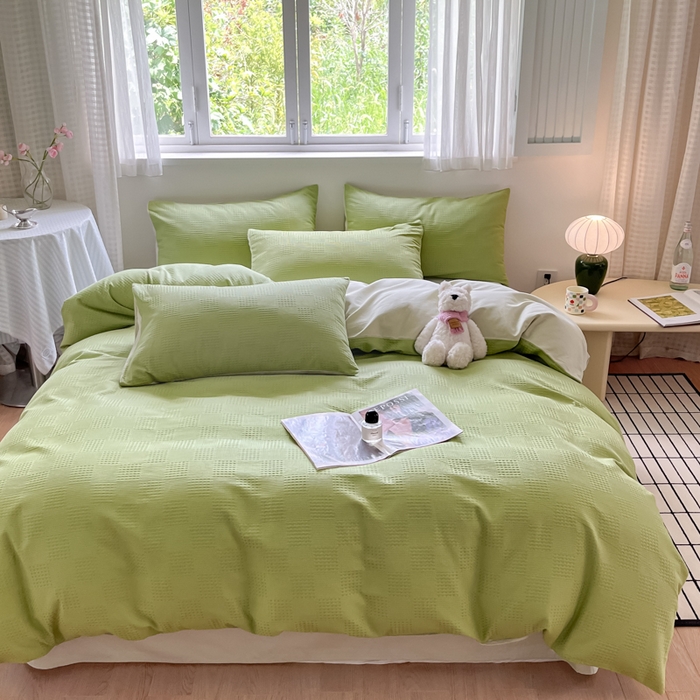 91家纺网 家纺一手货源 找家纺 言一 2025秋冬新品A类60S新疆长绒棉纯棉陶瓷轻磨毛四件套提花全棉床单被套不掉毛2 豆绿+浅灰绿