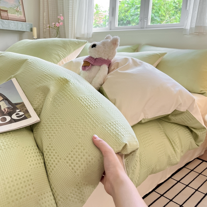 91家纺网 家纺一手货源 找家纺 言一 2025秋冬新品A类60S新疆长绒棉纯棉陶瓷轻磨毛四件套提花全棉床单被套不掉毛2 浅绿+嫩芽杏