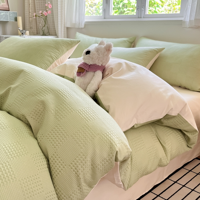 91家纺网 家纺一手货源 找家纺 言一 2025秋冬新品A类60S新疆长绒棉纯棉陶瓷轻磨毛四件套提花全棉床单被套不掉毛2 浅绿+嫩芽杏