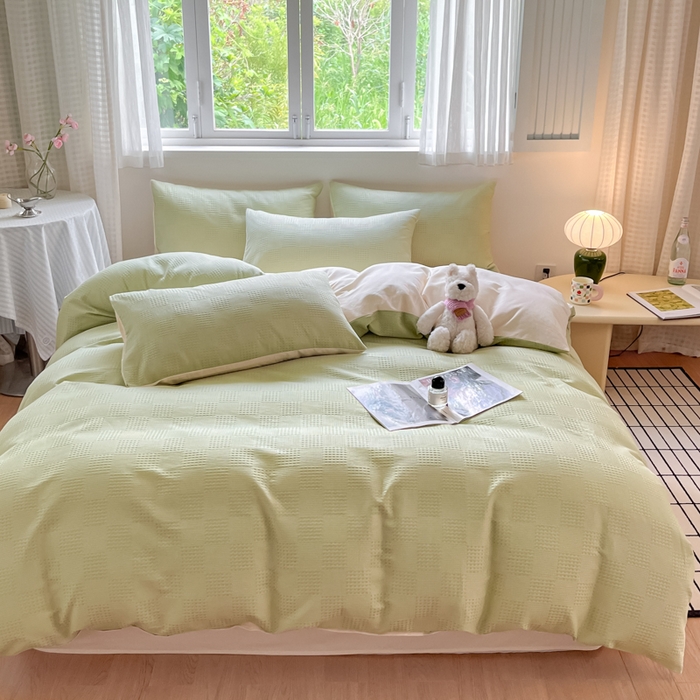 91家纺网 家纺一手货源 找家纺 言一 2025秋冬新品A类60S新疆长绒棉纯棉陶瓷轻磨毛四件套提花全棉床单被套不掉毛2 浅绿+嫩芽杏