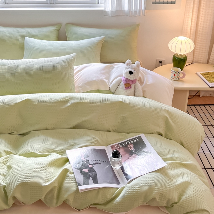 91家纺网 家纺一手货源 找家纺 言一 2025秋冬新品A类60S新疆长绒棉纯棉陶瓷轻磨毛四件套提花全棉床单被套不掉毛2 浅绿+嫩芽杏