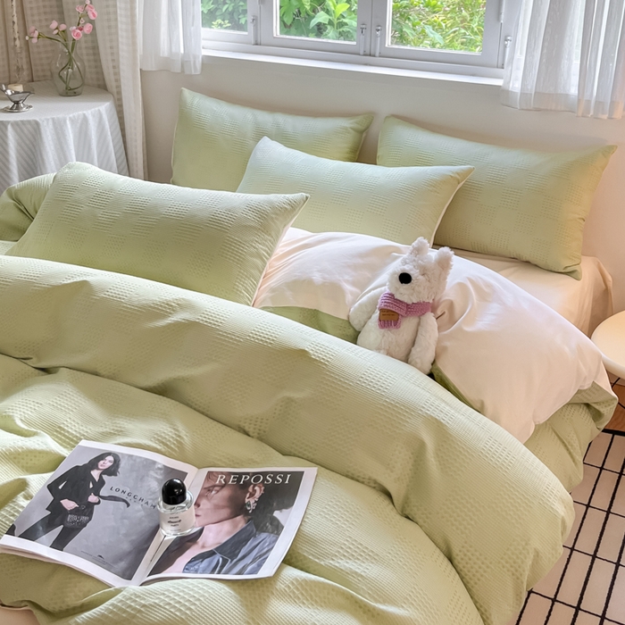 91家纺网 家纺一手货源 找家纺 言一 2025秋冬新品A类60S新疆长绒棉纯棉陶瓷轻磨毛四件套提花全棉床单被套不掉毛2 浅绿+嫩芽杏