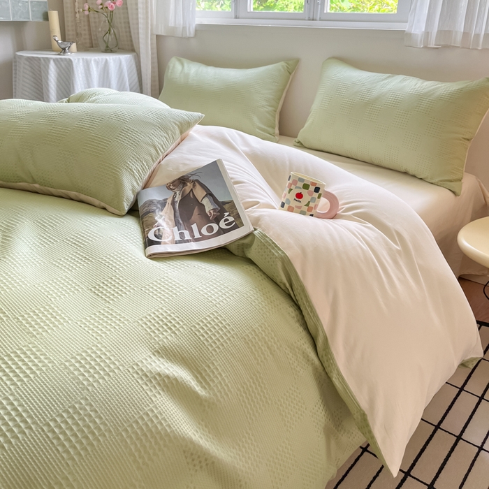 91家纺网 家纺一手货源 找家纺 言一 2025秋冬新品A类60S新疆长绒棉纯棉陶瓷轻磨毛四件套提花全棉床单被套不掉毛2 浅绿+嫩芽杏