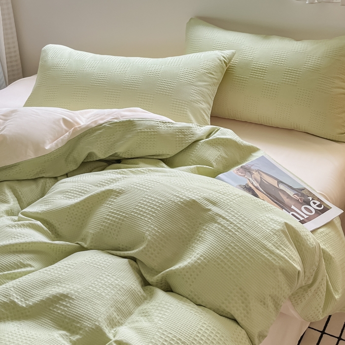 91家纺网 家纺一手货源 找家纺 言一 2025秋冬新品A类60S新疆长绒棉纯棉陶瓷轻磨毛四件套提花全棉床单被套不掉毛2 浅绿+嫩芽杏