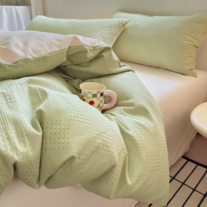 91家纺网 家纺一手货源 找家纺 言一 2025秋冬新品A类60S新疆长绒棉纯棉陶瓷轻磨毛四件套提花全棉床单被套不掉毛2 浅绿+嫩芽杏