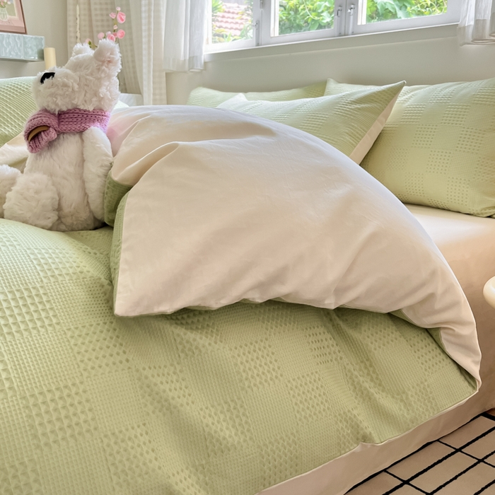 91家纺网 家纺一手货源 找家纺 言一 2025秋冬新品A类60S新疆长绒棉纯棉陶瓷轻磨毛四件套提花全棉床单被套不掉毛2 浅绿+嫩芽杏