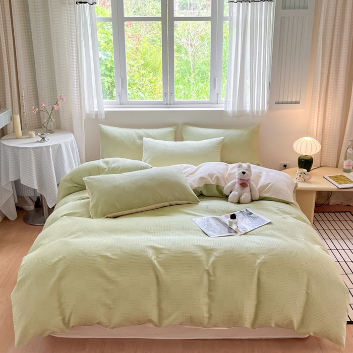 91家纺网 家纺一手货源 找家纺 言一 2025秋冬新品A类60S新疆长绒棉纯棉陶瓷轻磨毛四件套提花全棉床单被套不掉毛2 浅绿+嫩芽杏