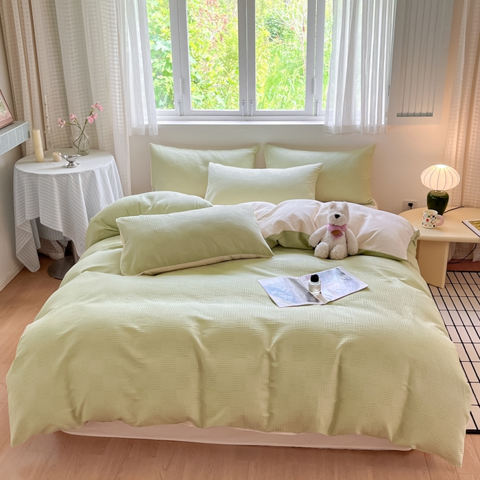 91家纺网 家纺一手货源 找家纺 言一 2025秋冬新品A类60S新疆长绒棉纯棉陶瓷轻磨毛四件套提花全棉床单被套不掉毛2 浅绿+嫩芽杏