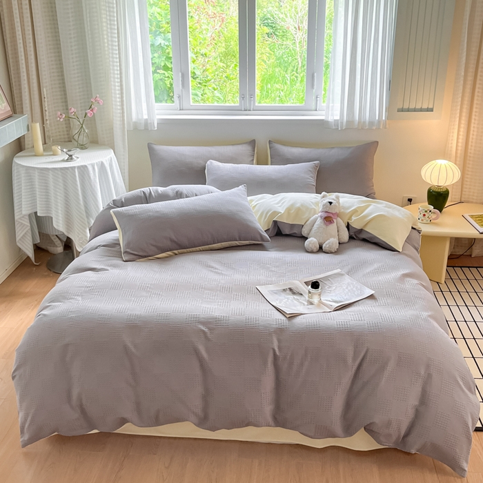 91家纺网 家纺一手货源 找家纺 言一 2025秋冬新品A类60S新疆长绒棉纯棉陶瓷轻磨毛四件套提花全棉床单被套不掉毛2 山灰+奶黄