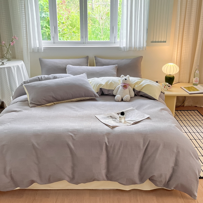 91家纺网 家纺一手货源 找家纺 言一 2025秋冬新品A类60S新疆长绒棉纯棉陶瓷轻磨毛四件套提花全棉床单被套不掉毛2 山灰+奶黄