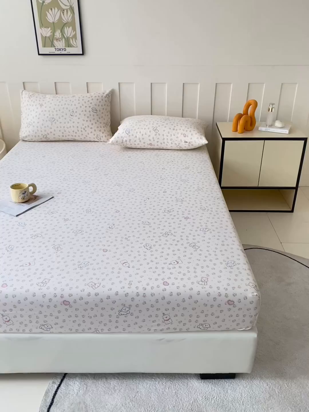 91家纺网 家纺一手货源 找家纺 金泰莱 2025新款木棉双层纱印花床笠 萌宠派对