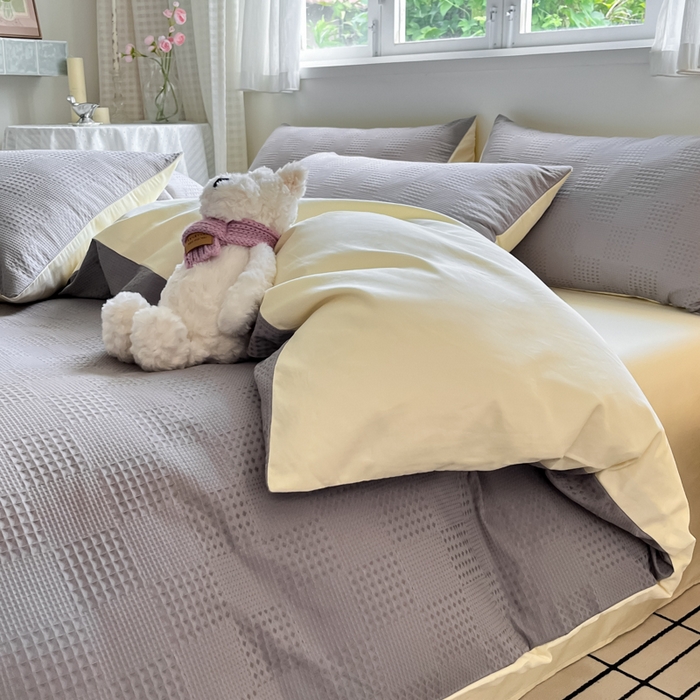 91家纺网 家纺一手货源 找家纺 言一 2025秋冬新品A类60S新疆长绒棉纯棉陶瓷轻磨毛四件套提花全棉床单被套不掉毛2 山灰+奶黄