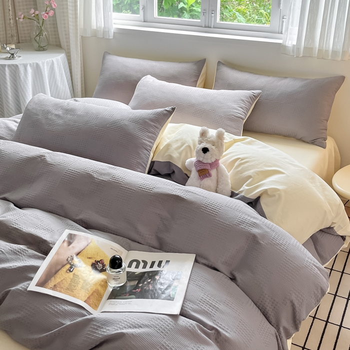 91家纺网 家纺一手货源 找家纺 言一 2025秋冬新品A类60S新疆长绒棉纯棉陶瓷轻磨毛四件套提花全棉床单被套不掉毛2 山灰+奶黄