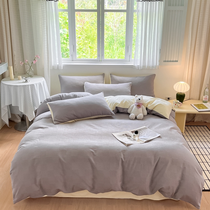 91家纺网 家纺一手货源 找家纺 言一 2025秋冬新品A类60S新疆长绒棉纯棉陶瓷轻磨毛四件套提花全棉床单被套不掉毛2 山灰+奶黄