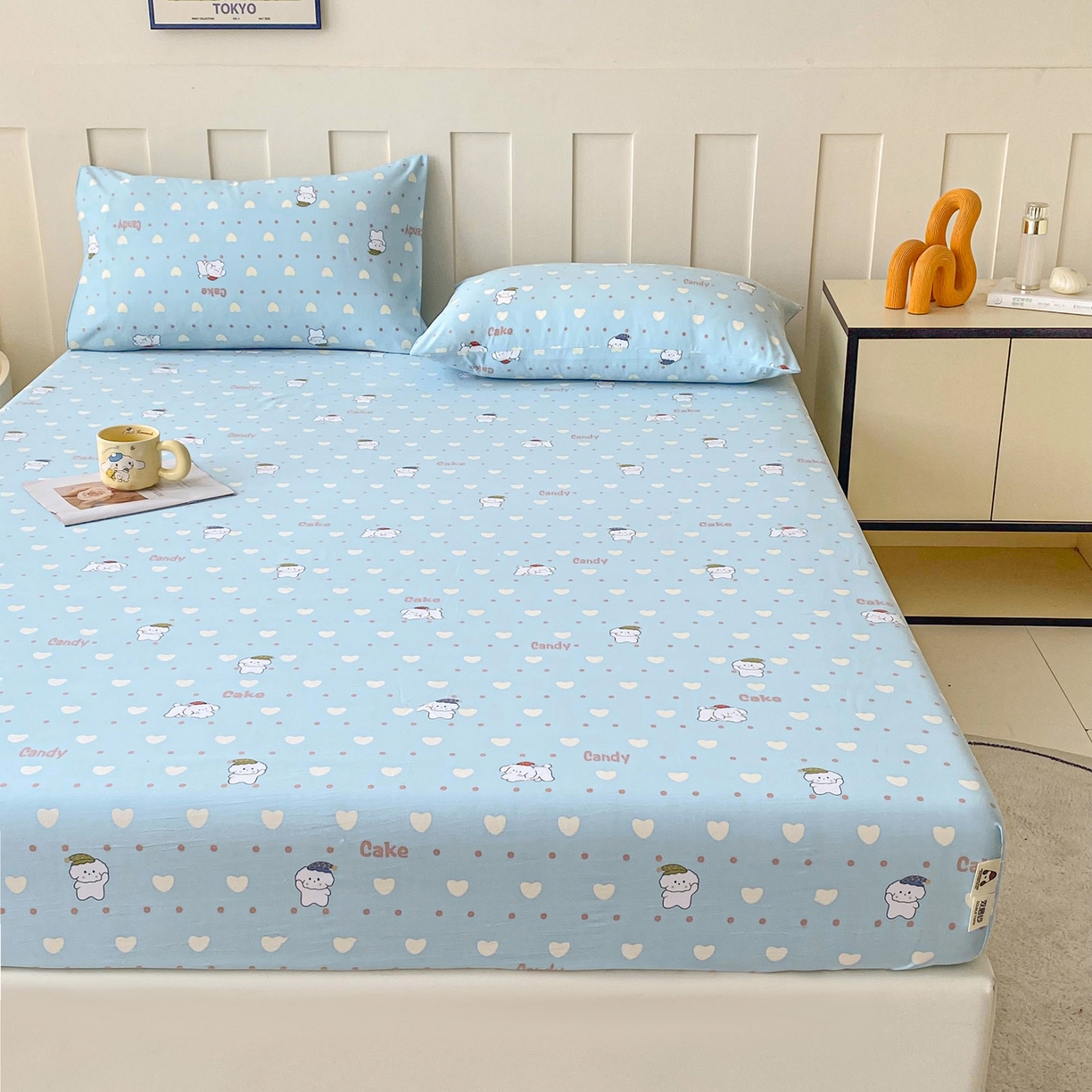 91家纺网 家纺一手货源 找家纺 金泰莱 2025新款木棉双层纱印花床笠 萌宠小屋