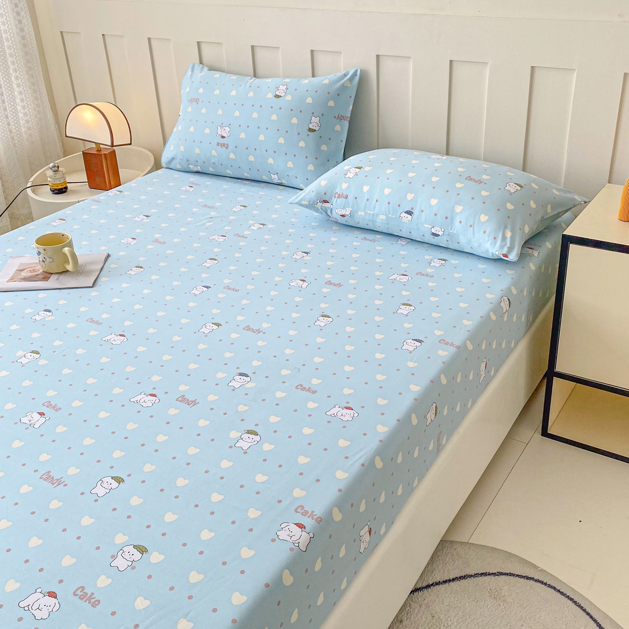 91家纺网 家纺一手货源 找家纺 金泰莱 2025新款木棉双层纱印花床笠 萌宠小屋