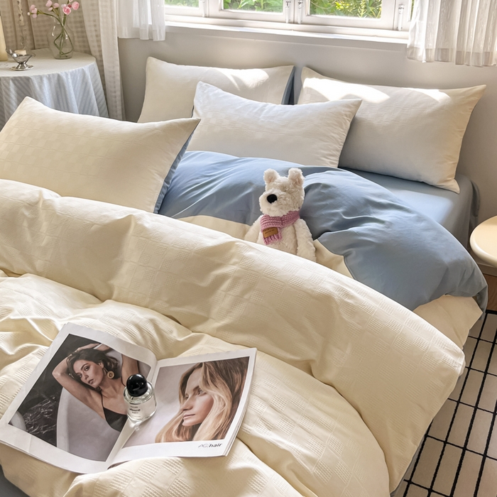 91家纺网 家纺一手货源 找家纺 言一 2025秋冬新品A类60S新疆长绒棉纯棉陶瓷轻磨毛四件套提花全棉床单被套不掉毛2 雅士白+天青蓝