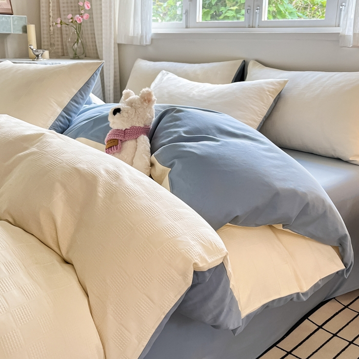 91家纺网 家纺一手货源 找家纺 言一 2025秋冬新品A类60S新疆长绒棉纯棉陶瓷轻磨毛四件套提花全棉床单被套不掉毛2 雅士白+天青蓝