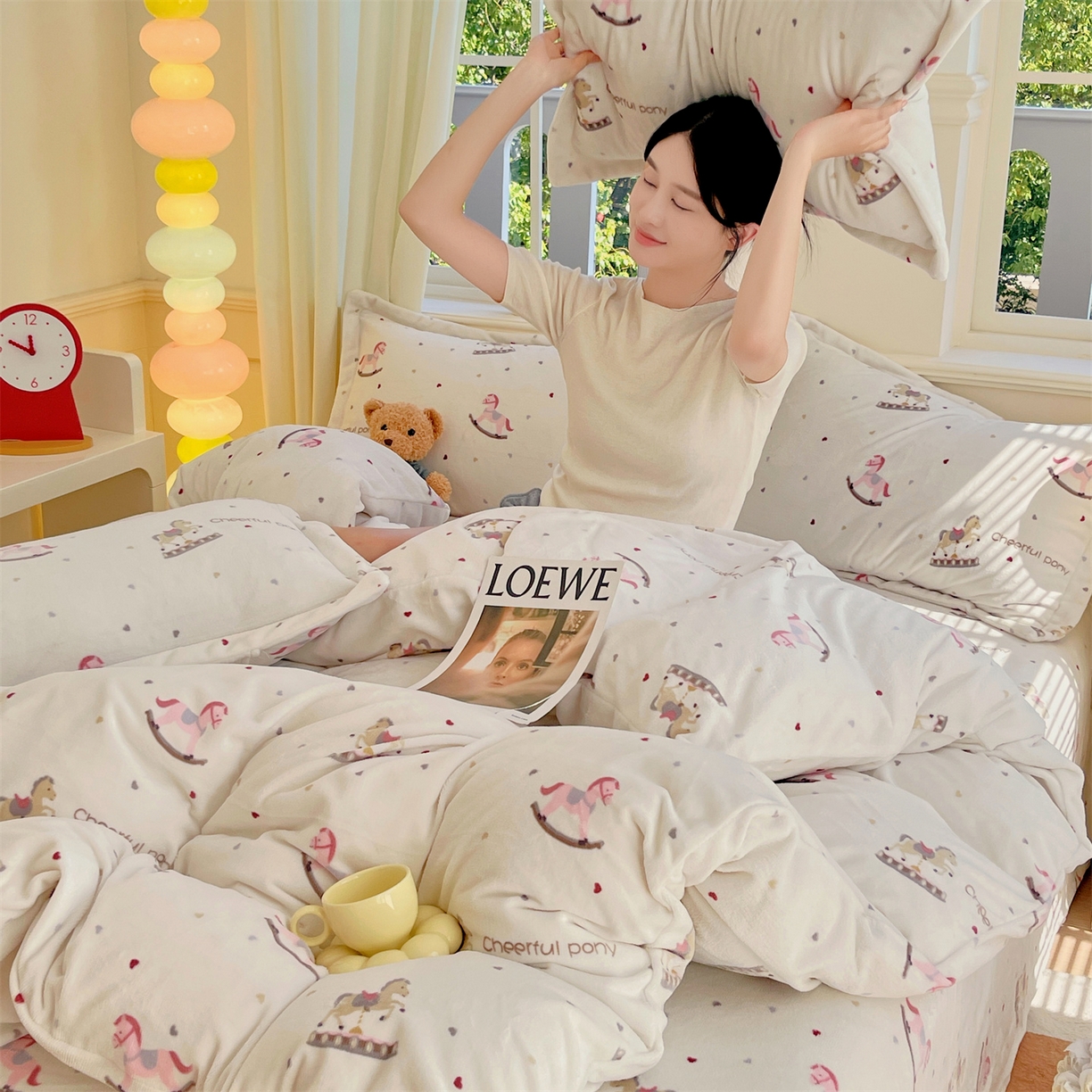 凯儿2025加厚A类印花牛奶绒单品四件套 爱心木马