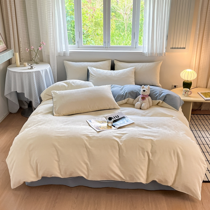 91家纺网 家纺一手货源 找家纺 言一 2025秋冬新品A类60S新疆长绒棉纯棉陶瓷轻磨毛四件套提花全棉床单被套不掉毛2 雅士白+天青蓝