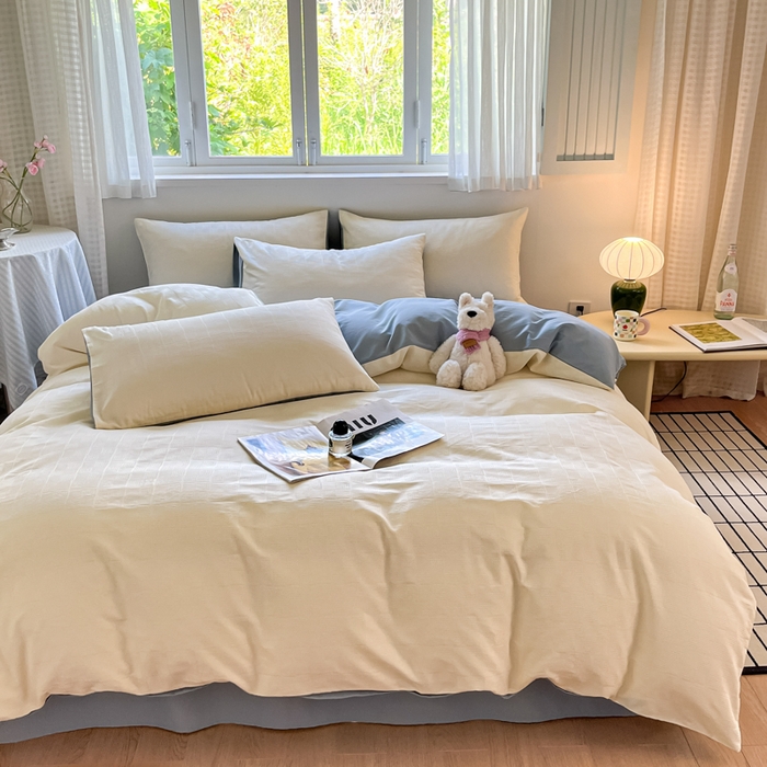 91家纺网 家纺一手货源 找家纺 言一 2025秋冬新品A类60S新疆长绒棉纯棉陶瓷轻磨毛四件套提花全棉床单被套不掉毛2 雅士白+天青蓝