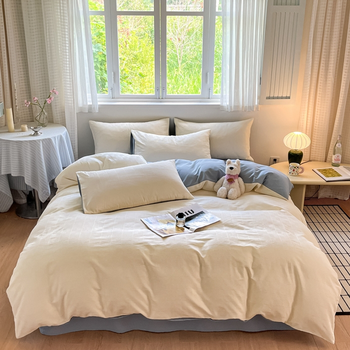 91家纺网 家纺一手货源 找家纺 言一 2025秋冬新品A类60S新疆长绒棉纯棉陶瓷轻磨毛四件套提花全棉床单被套不掉毛2 雅士白+天青蓝