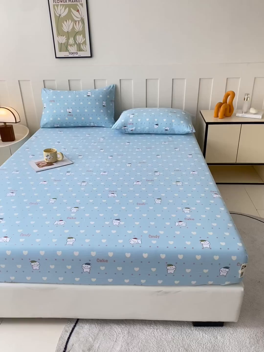 91家纺网 家纺一手货源 找家纺 金泰莱 2025新款木棉双层纱印花床笠 萌宠小屋